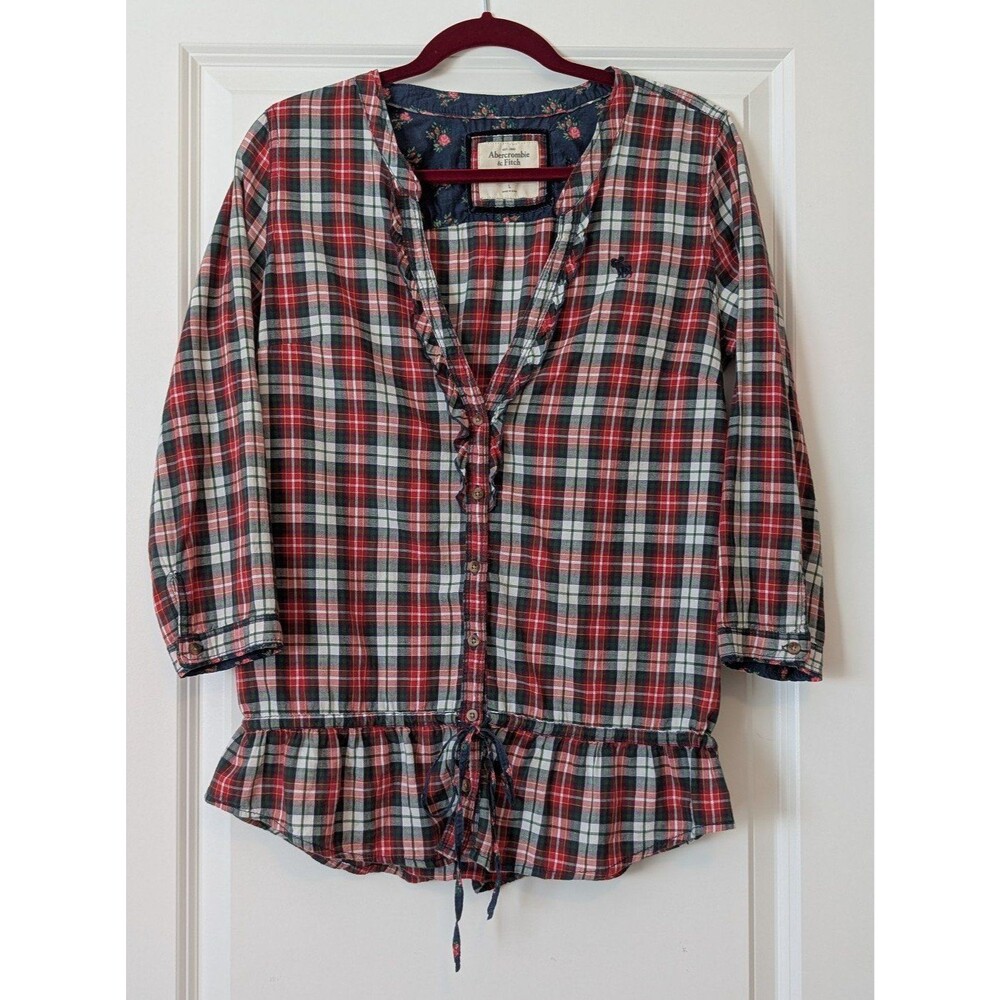 Y2K Vintage Abercrombie Size Large Red Navy Plaid Peplum Ruffle V-Neck Blouse